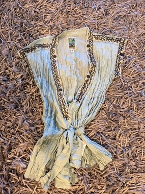 Burning Torch Sage Tie-Front Blouse with Black Embroidery